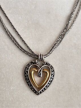 Brighton Ellington 2 tone necklace with double heart pendant on a triple chain